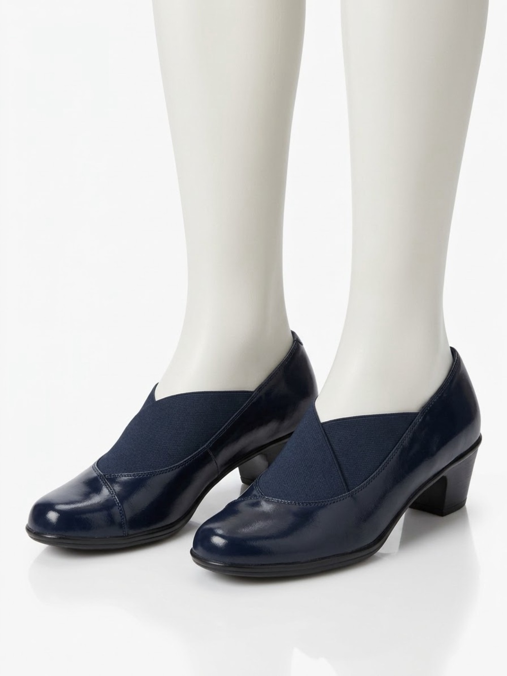 Navy Elastic Panel Low Heel Pumps - Women